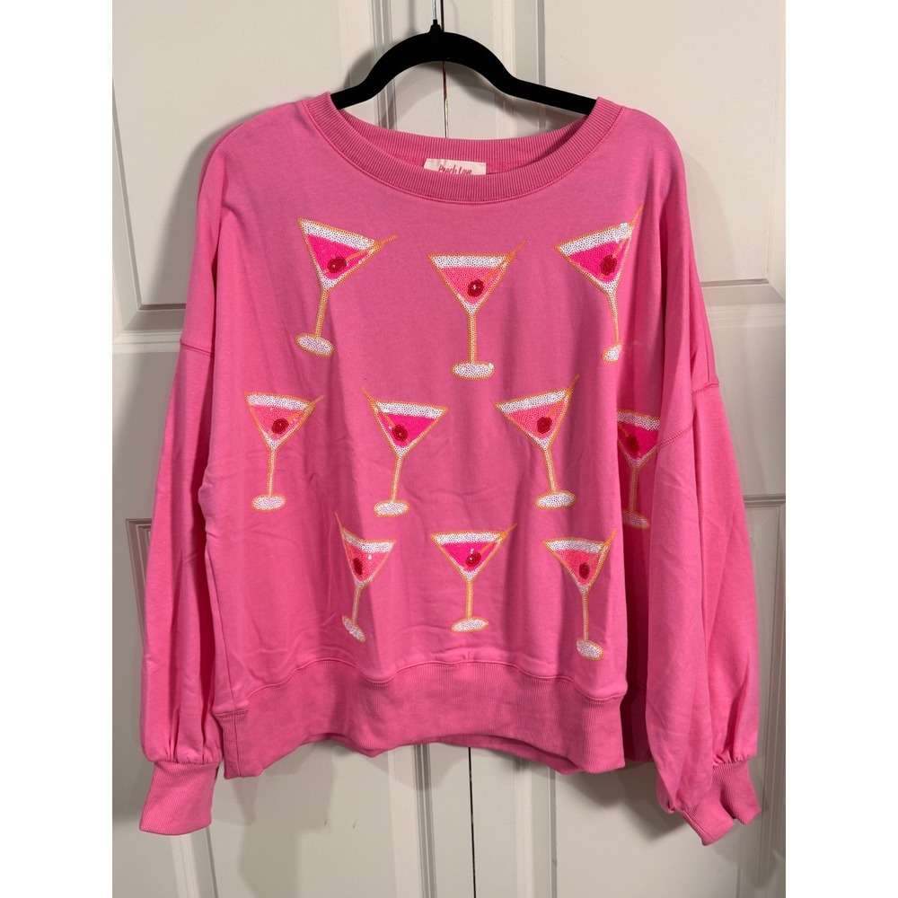 Peach Love California Pink Sequin Martini Glass Sweatshirt Oversized Pullover M